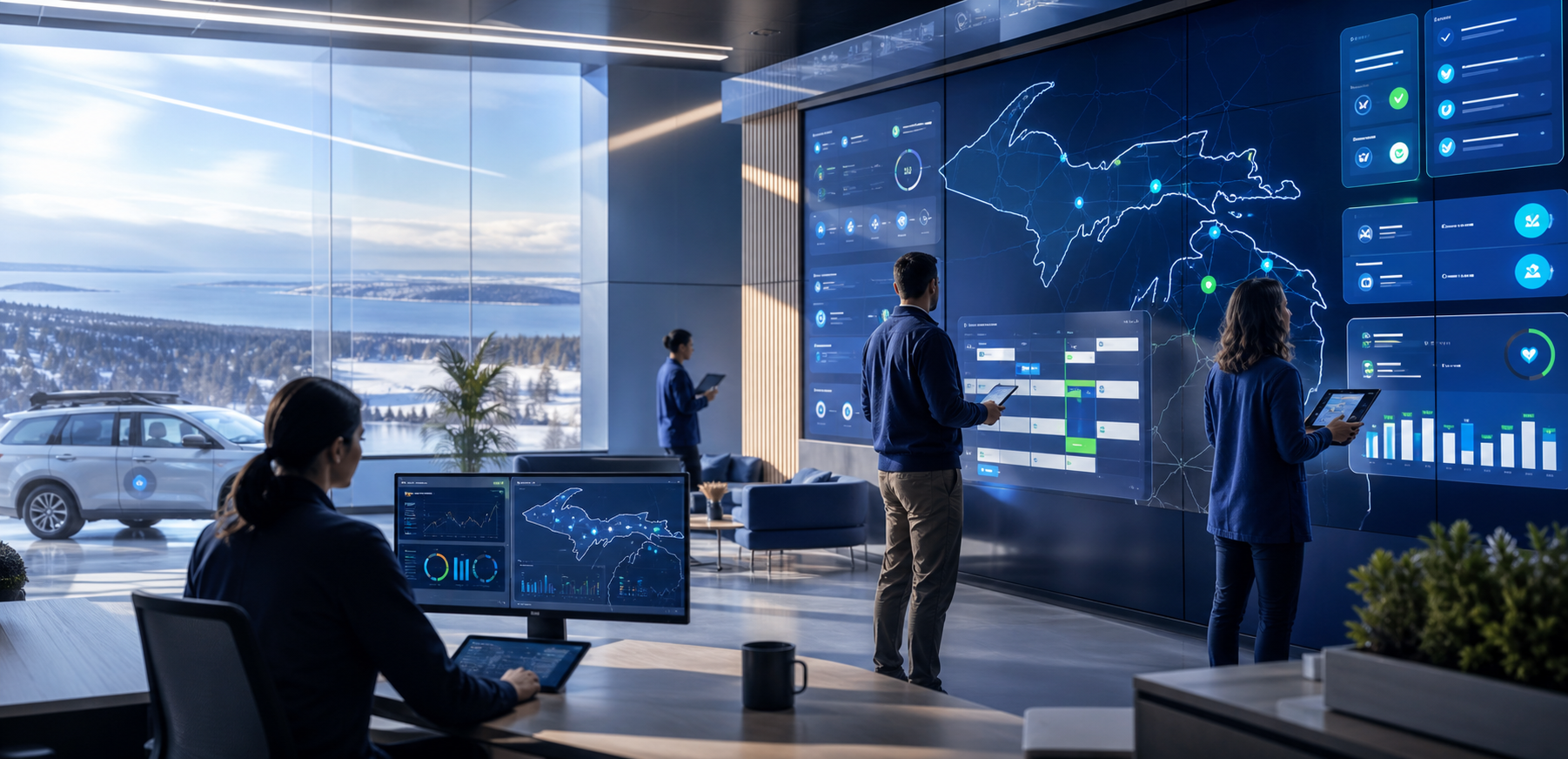 Modern care operations command center with Upper Peninsula routing dashboards